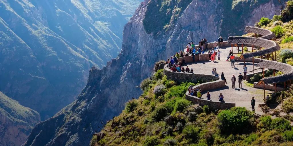 Cañón del Colca con cóndor en vuelo sobre las paredes rocosas en Arequipa Peru